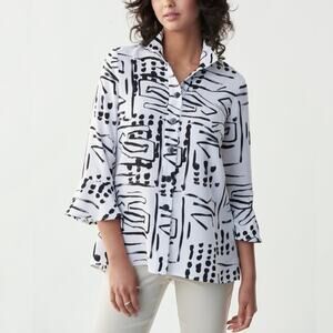 JOSEPH RIBKOFF White Black Printed Bell Sleeve Button-Up Blouse Women’s Size 4